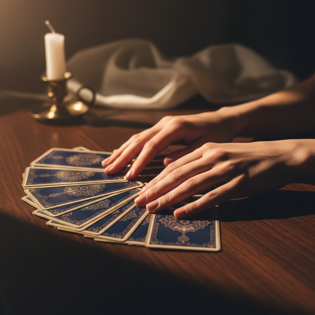 Manos sobre una baraja de tarot iluminada por luz cálida