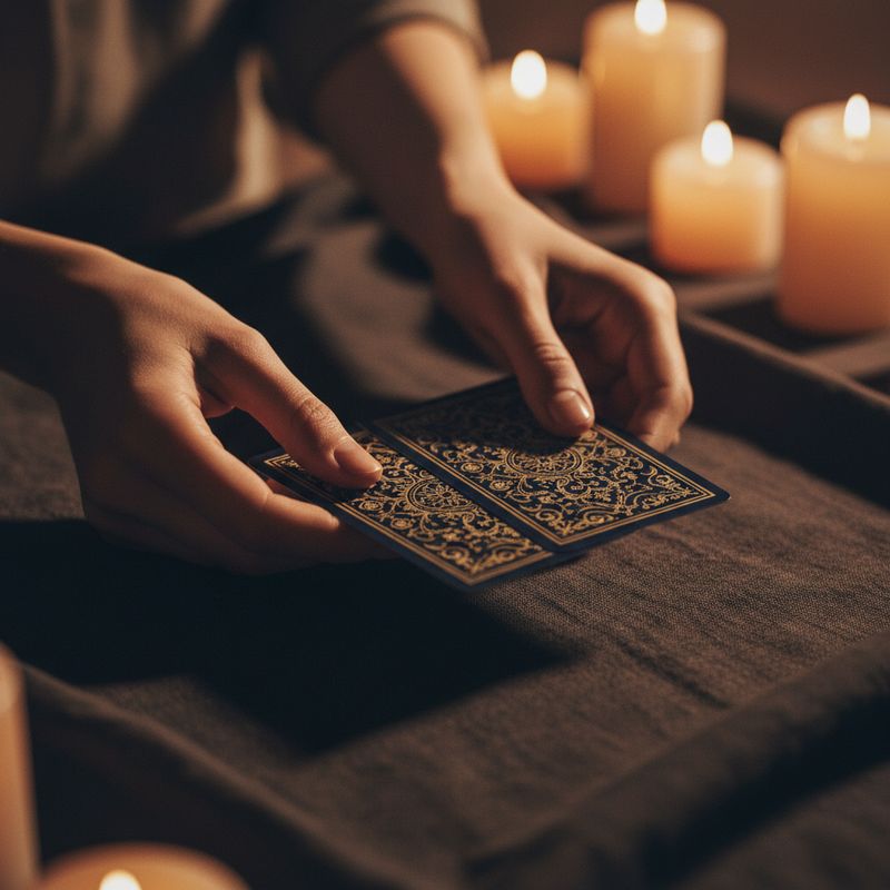 Cartas de tarot extendidas sobre superficie oscura iluminada por luz cálida