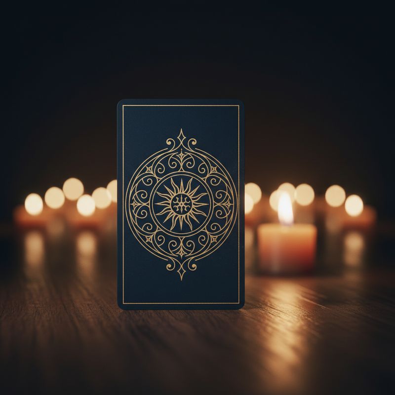 Carta de tarot apoyada vertical contra fondo difuminado de luz cálida