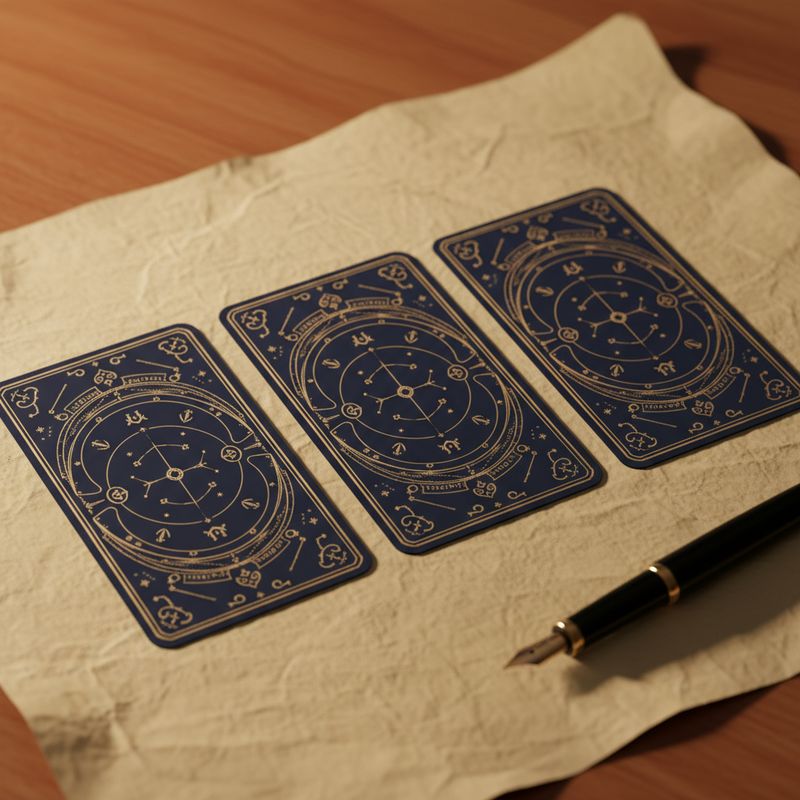 Cartas de tarot dispuestas en tirada de tres sobre papel envejecido junto a pluma
